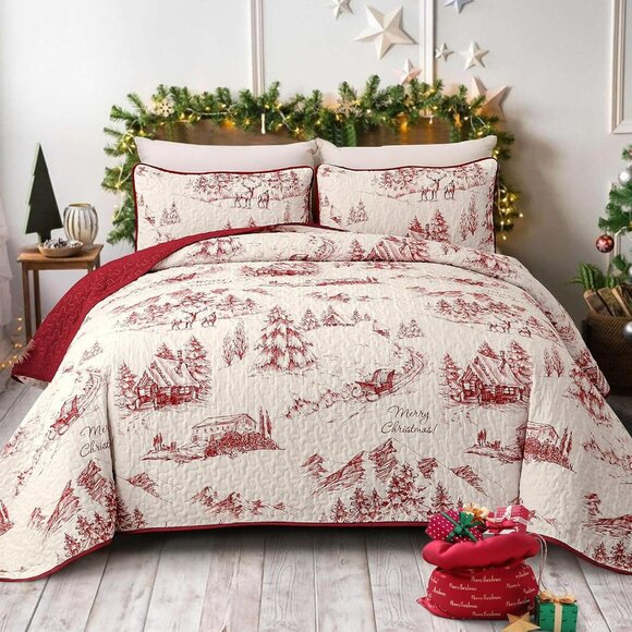 Christmas Quilt Set Queen Size, Red Hand-Painted Imagery Bedspread Coverlet Set - Picture 1 of 7